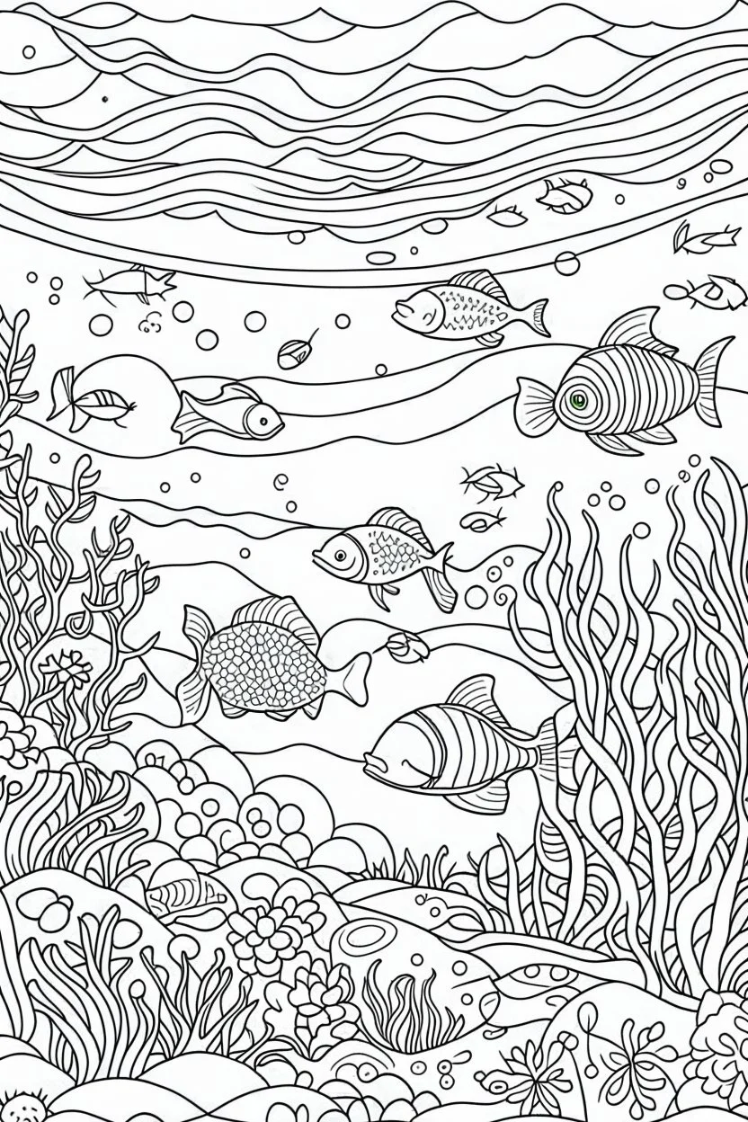 A cute, serene underwater scene with gentle sea creatures coloring page for kids, PROMPT GENERATED BY CHATGPT WITHOUT ANY PUNCTUATION, cartoon style, thick outline, LOW details, no shading, NO color