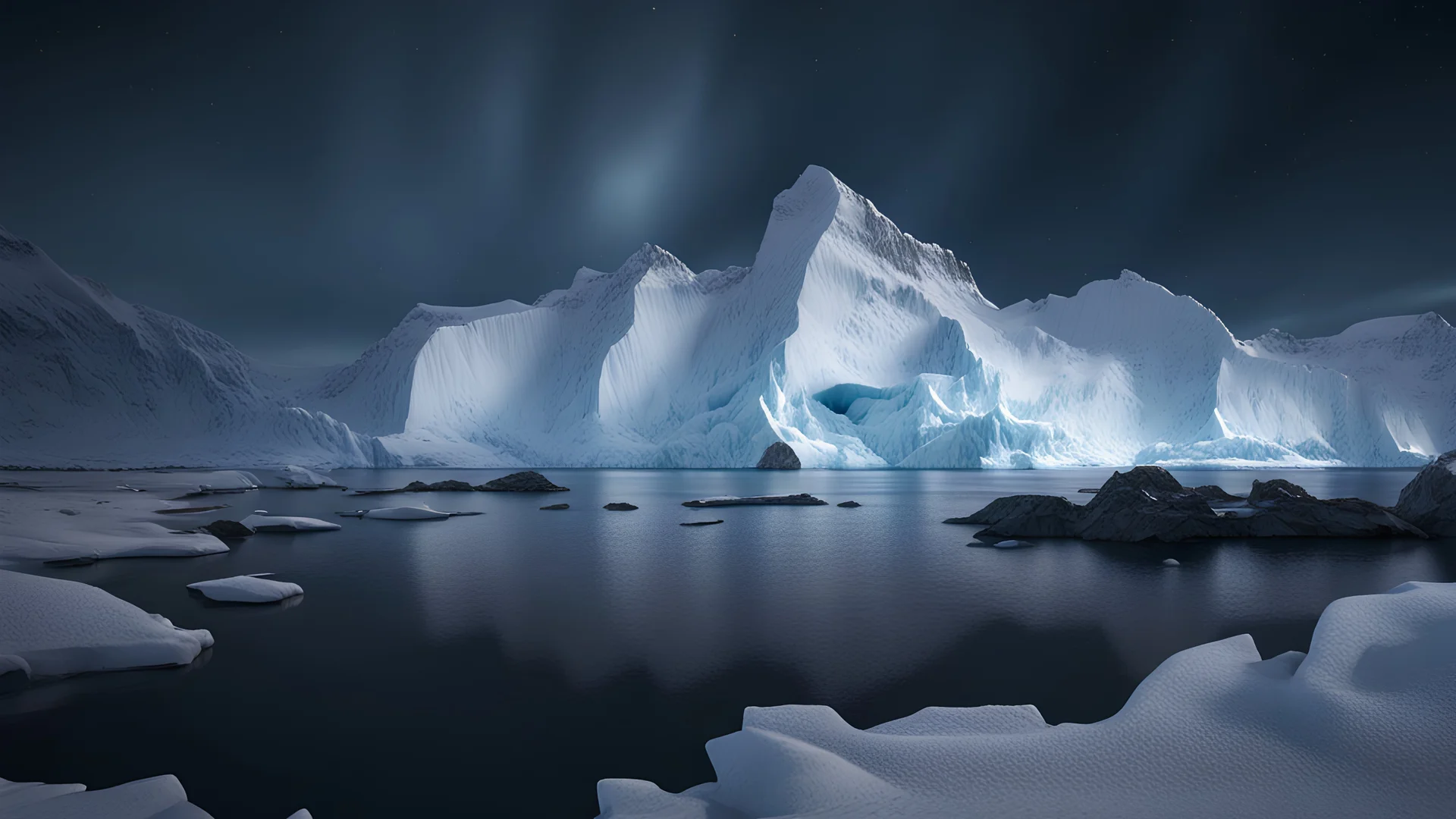 antarctica at night,glaciers,lakeside,8k, volumetric lighting, Dramatic scene,