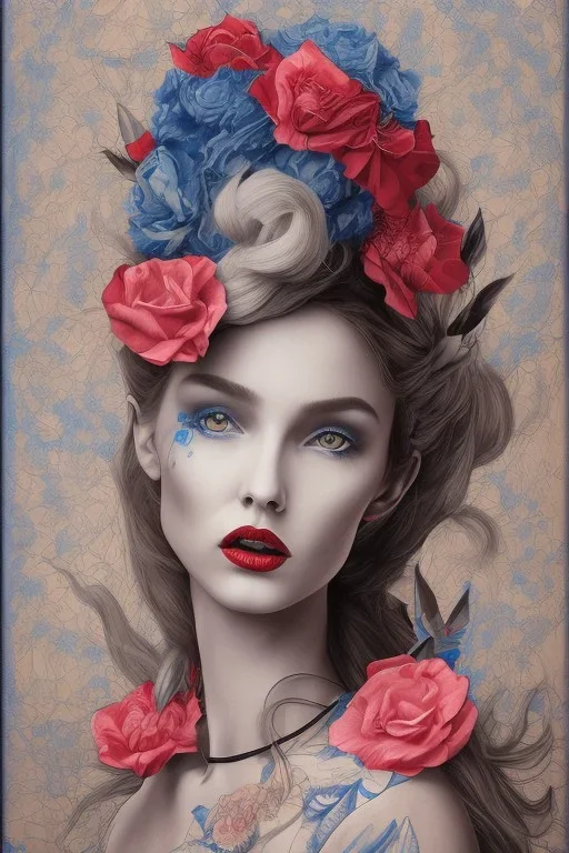 blue Pencil drawing of a woman with red lips and flower in hair on watercolor paper