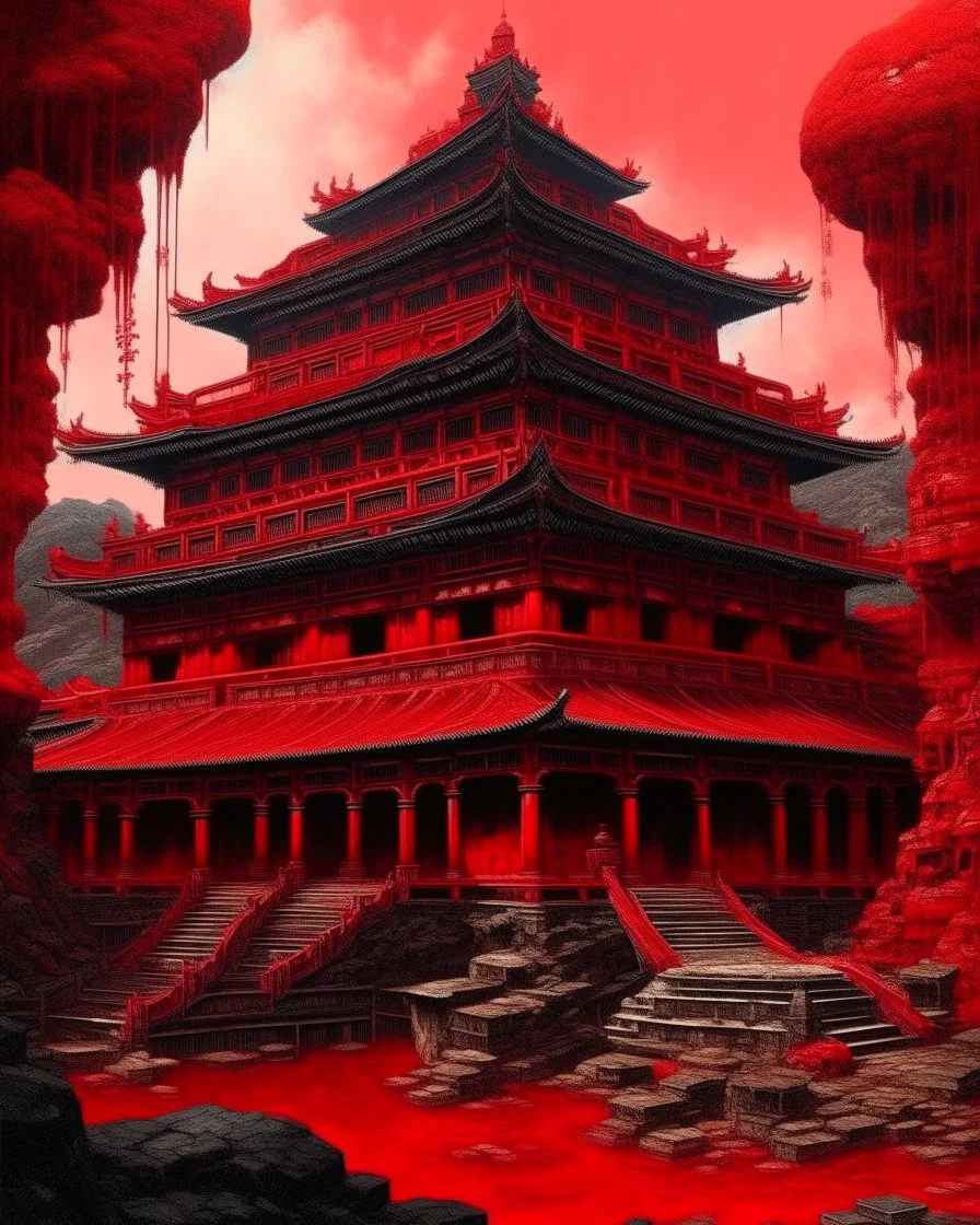 A dark red Chinese volcanic palace painted by Jeffrey Kolker