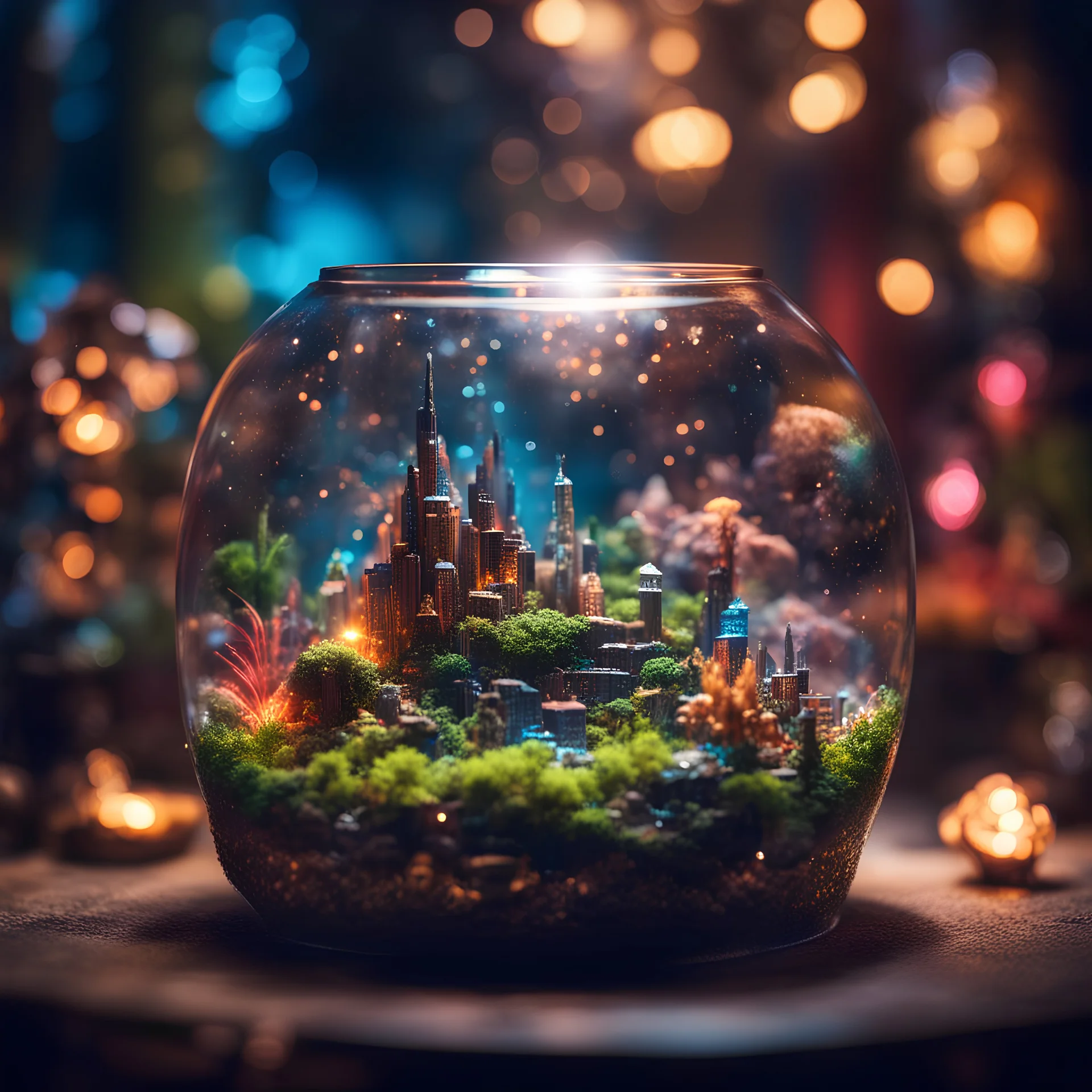 extremly detailed fantasy world in a glass terrarium, sharp focus, high contrast, dark tone, bright vibrant colors, cinematic masterpiece, shallow depth of field, bokeh, sparks, glitter, 16k resolution, photorealistic, intricate details, dramatic natural lighting