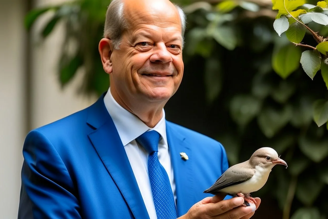 chancellor Olaf Scholz next to a dove, holding an olive branch