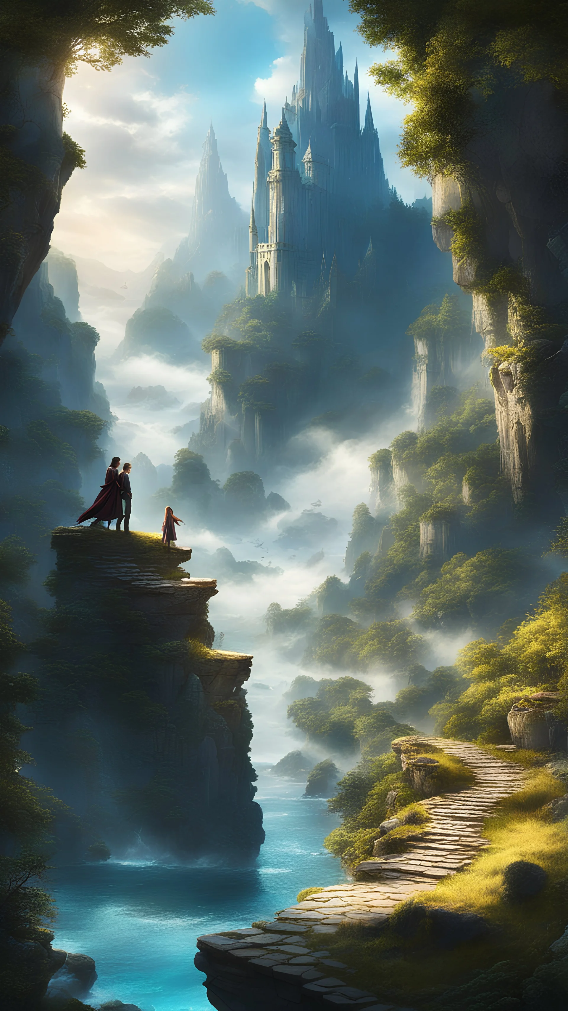 a scene set in an epic fantasy world where a couple embarks on a grand adventure together. Emphasize the fantastical elements and the strength of their bond as they face challenges