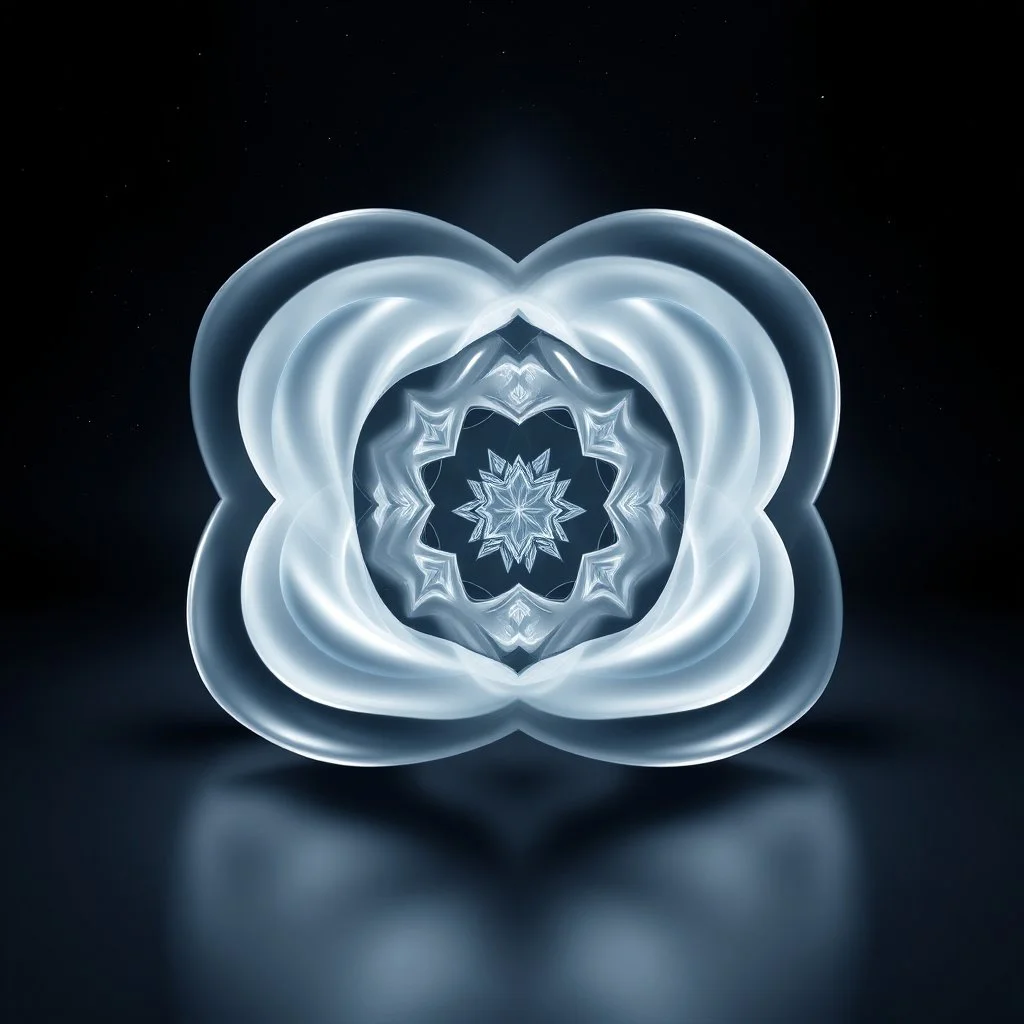 Mesmerizing abstract visual, 3d recursive Symmetrical structure of flowing translucent shapes, centered, soft aesthetic, negetive space.galaxsy background