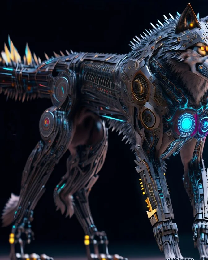 Wolf cyborg ultra quality, hyper-detailed, maximalist, 8k, full body