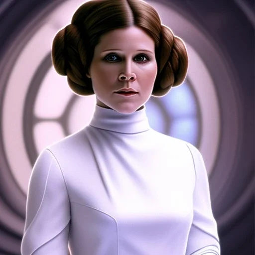 extremely detailed 8k hyperspace wallpaper,complete and photo realistic detailed head to waist stunning photo realistic portrait of carrie fisher as Princess Leia in star wars with photo realistic fine and simple hairstyle, brown eyes, light skin, professional majestic photo realistic painting by Ed Blinkey, Atey Ghailan, by Jeremy Mann, Greg Manchess, Antonio Moro, trending on ArtStation, Intricate, High Detail, Sharp focus, dramatic, by greg rutkowski, realism, beautiful and detailed lighting