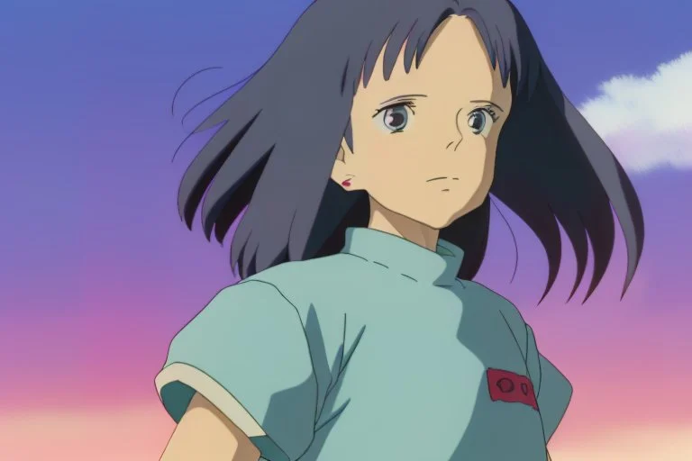 Yui: A full body image of Yui standing confidently in her rugged clothing, hands on her hips. Her athletic build, dark hair streaked with blue, and vibrant green eyes are clearly visible. Her look of determination reflects her adventurous spirit.