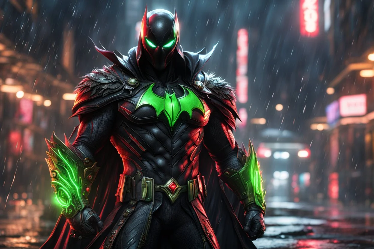 Spawn in 8k cgi game drawing style, spawn them, close picture, rain, neon, intricate details, highly detailed, high details, detailed portrait, masterpiece,ultra detailed, ultra quality