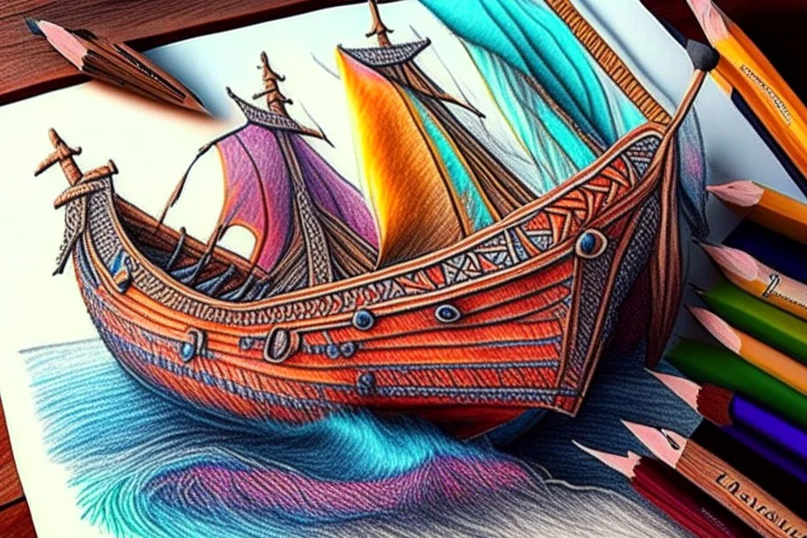 Viking boat drawing with colored pencil, Ultra realisic, Ultra detailed, Very professional drawing, Art, colorfull, vikings, old