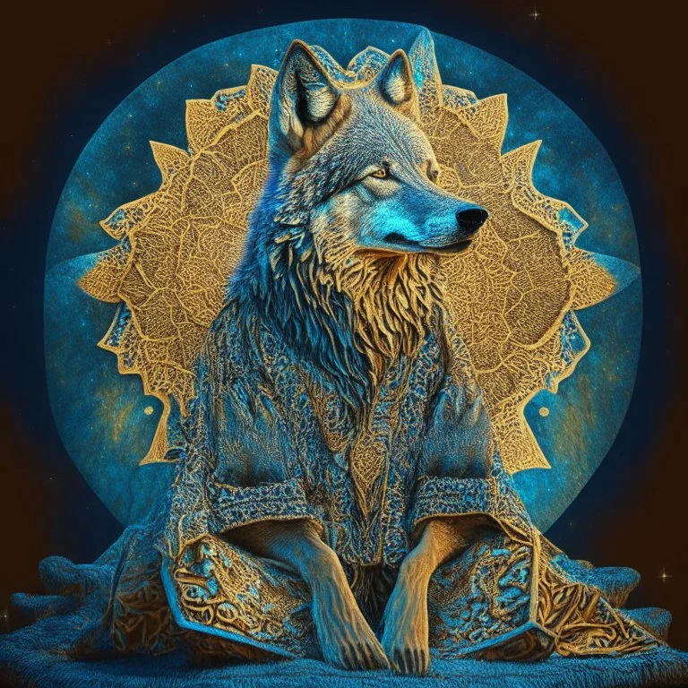 celestial psychedelic wolf made of fractals wearing a mexican jacket sitting on a giant mushroom in between stars, extatic, happy