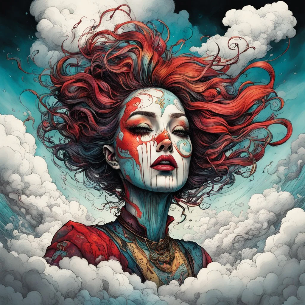 highly detailed full color concept illustration of " Well, she's walking through the clouds, with a circus mind that's running wild " , maximalist, sharp focus, finely detailed facial features, highest resolution, in the styles of Alex Pardee, Denis Forkas , and Masahiro Ito, boldly inked, 8k, coarse, gritty textures