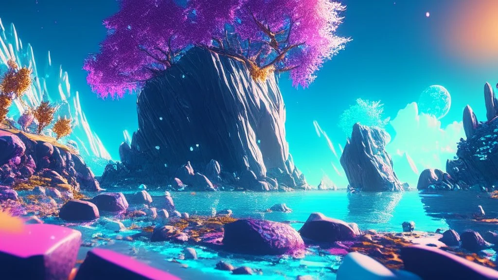 crystal cosmic and galactic ambiance hill sky sea ocean space galaxy rocks sunny trees pools surreal, full of details, smooth, bright sunshine，soft light atmosphere, light effect，vaporwave colorful, concept art, smooth, extremely sharp detail, finely tuned detail, ultra high definition, 8 k, unreal engine 5, ultra sharp focus