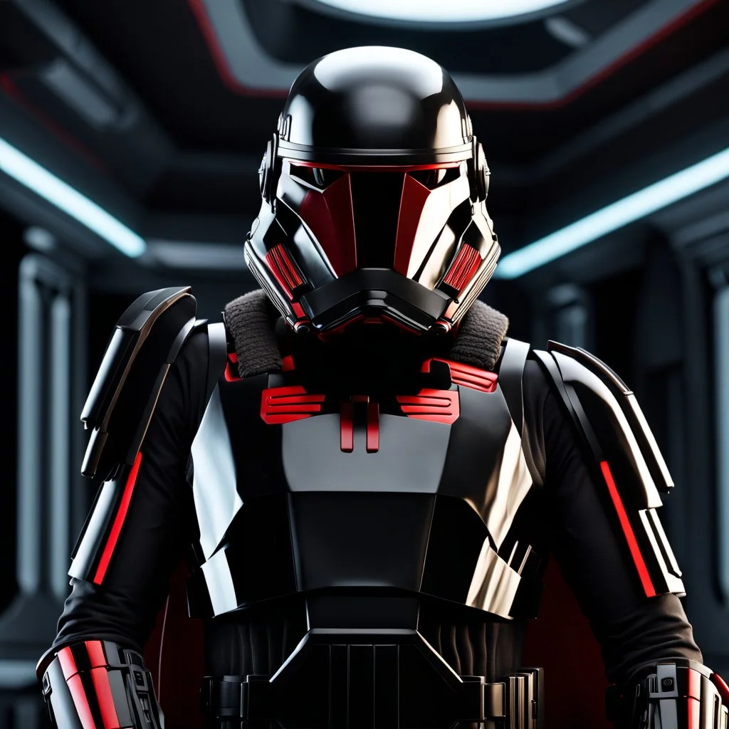 star wars bald male corellian pilot wearing pearlescent black and gunmetal grey First Order special forces heavy assault stealth commando armor and helmet with gold and red trim inside the jedi temple, hyperdetailed, dynamic lighting, hyperdetailed background, 8k resolution, volumetric lighting, light skin, fully symmetric details