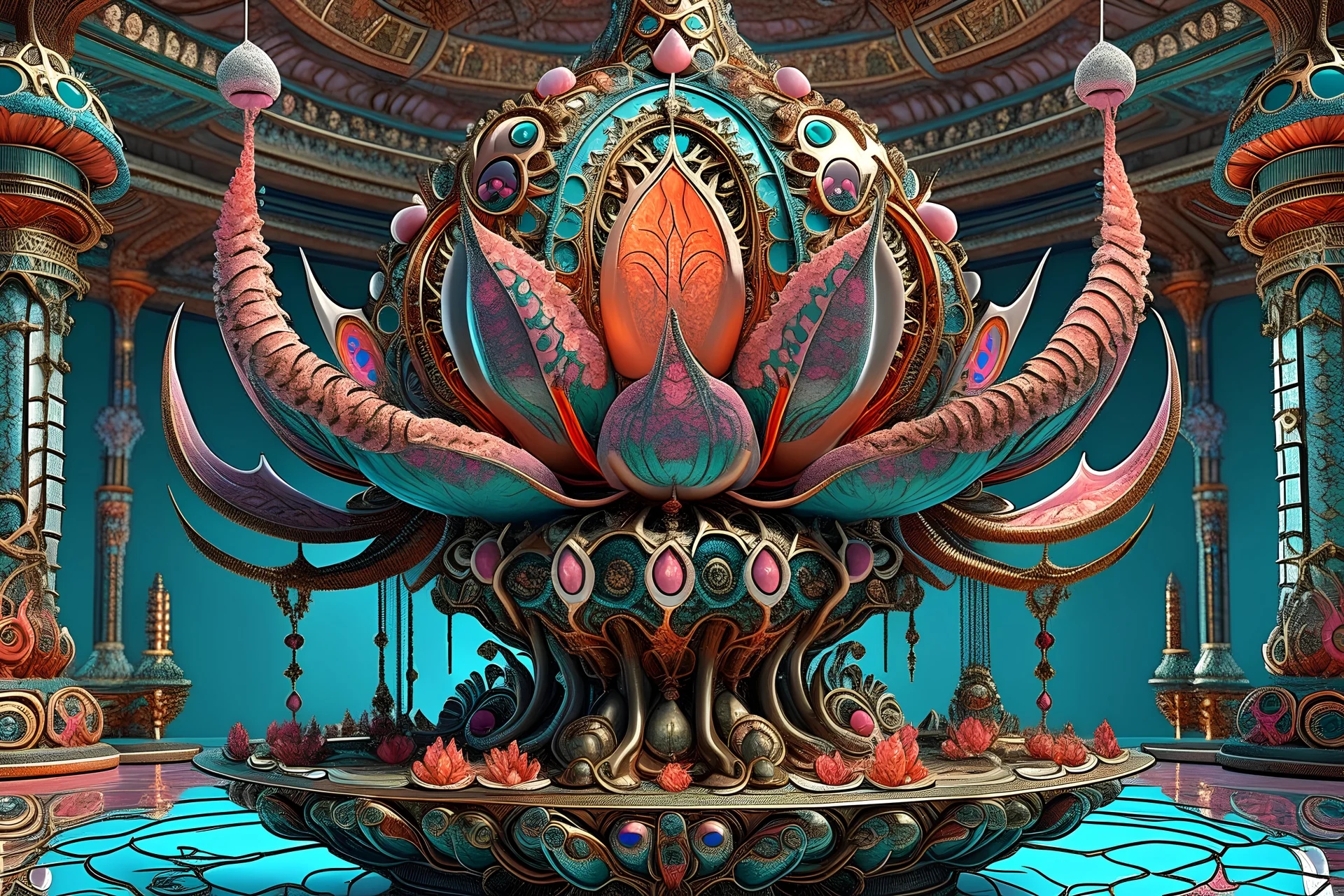 Expressively detailed and intricate 3d rendering of a hyperrealistic “steampunk lotus”: front view, symetric, dripping colorful paint, tribalism, pillar, gothic, shamanism, cosmic fractals, dystopian, dendritic, stylized fantasy, mati klarwein, artstation: award-winning: professional portrait: atmospheric: commanding: fantastical: clarity: 16k: ultra quality: striking: brilliance: stunning colors: amazing depth: masterfully crafted.