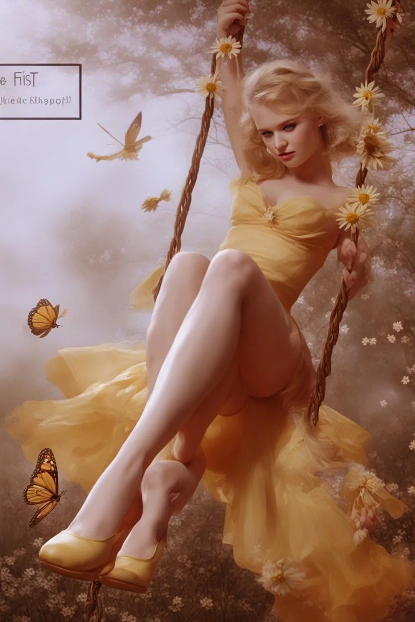 A blonde fairy in a short yellow dress playing on a swing, many daisies in the background of the image, fit body