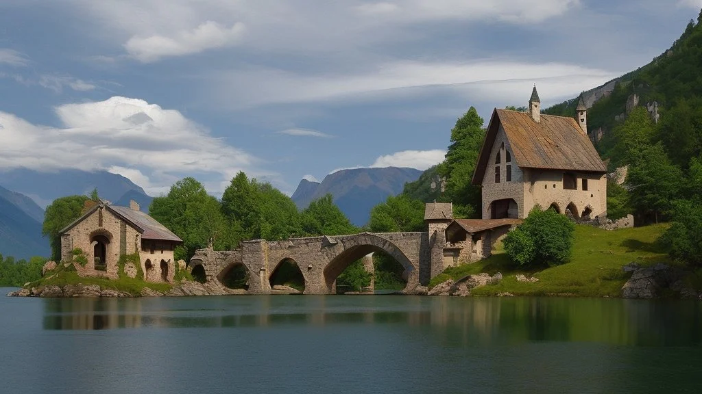 small gothic medieval house built into a rock face, lake, trees, arches, bridge, foliage, balconies, blue sky, white clouds