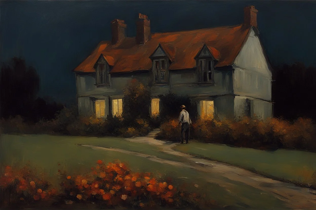 few flowers, distant old house, night, autumn, one person, dark horror gothic movies influence, disturbing, bernard van beek and alfred munnings impressionism paintings