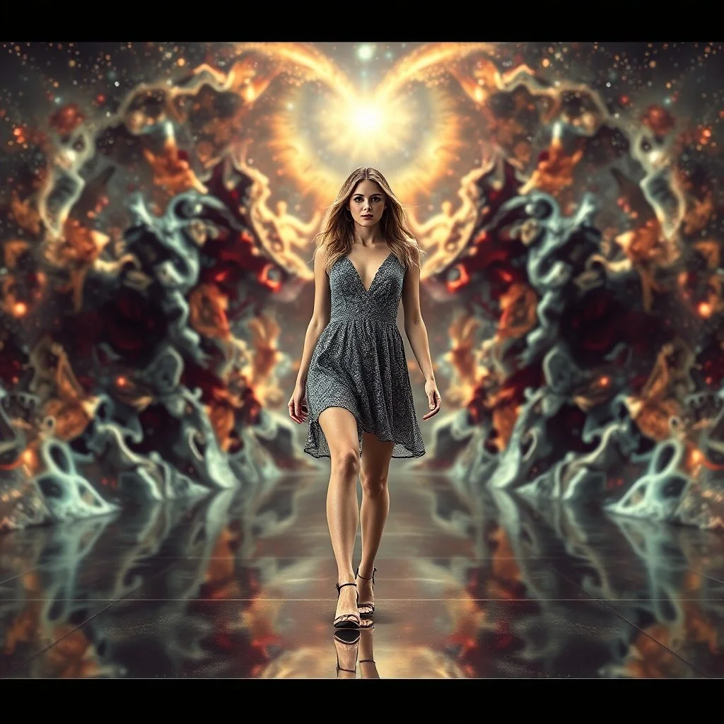 A full-body shot of a beautiful lady walking and looking at the camera 3D fractal interstellar world.