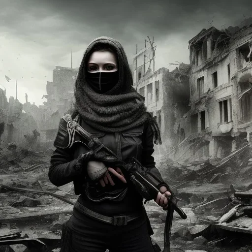 women, faces covered in black masks, ragged clothes, holding flag, war-torn, destroyed city in the background, 8k resolution, hyperrealistic, detailed matte painting, b&w, dynamic lighting, war, anarchy, terrorists