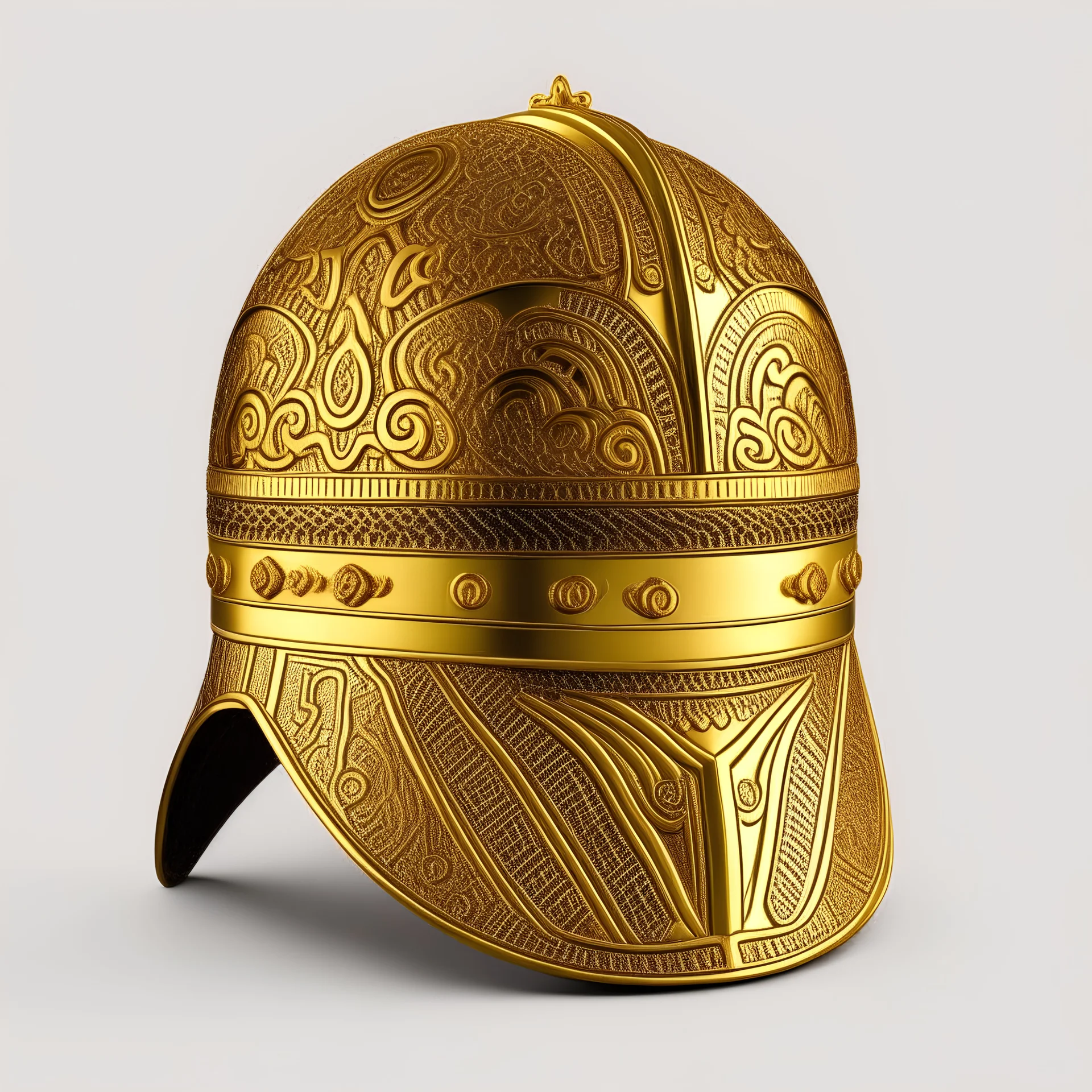 A helmet made with gold and jewelry, Maori style ornaments, minimal, 3d, persian cultural