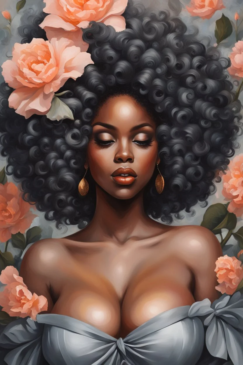 Create an expressive oil painting art image of a curvy black female wearing a grey off the shoulder blouse and she is looking down with Prominent makeup. Highly detailed tightly curly black afro. Background of large peach and grey flowers surrounding her