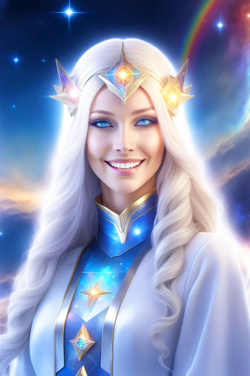 cosmic woman smile,galactic fédération, admiral from the future, one fine whole face, crystalline skin, expressive blue eyes,rainbow, smiling lips, very nice smile, costume pleiadian, Beautiful tall woman pleiadian Galactic commander, ship, perfect datailed golden galactic suit, high rank, long blond hair, hand whit five perfect detailed finger, amazing big blue eyes, smilling mouth, high drfinition lips, cosmic happiness, bright colors, blue, pink, gold, jewels, realist, high,ufo,birds rainbow,