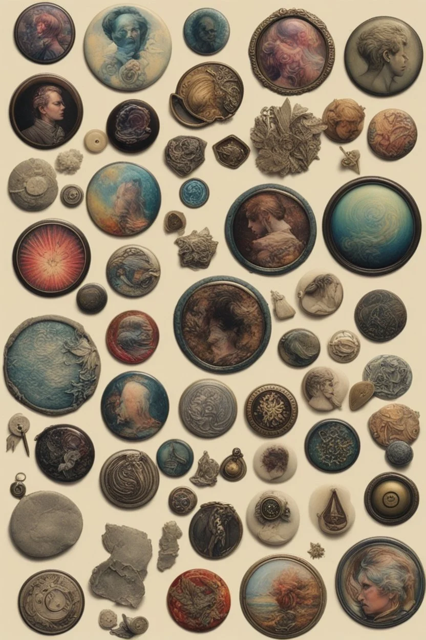 Badges, buttons, ideas, and feelings drop off by themselves. An individual can cherish them but they mean nothing; Neo-surrealism; Transcendent; Incredibly Detailed; Iridescent