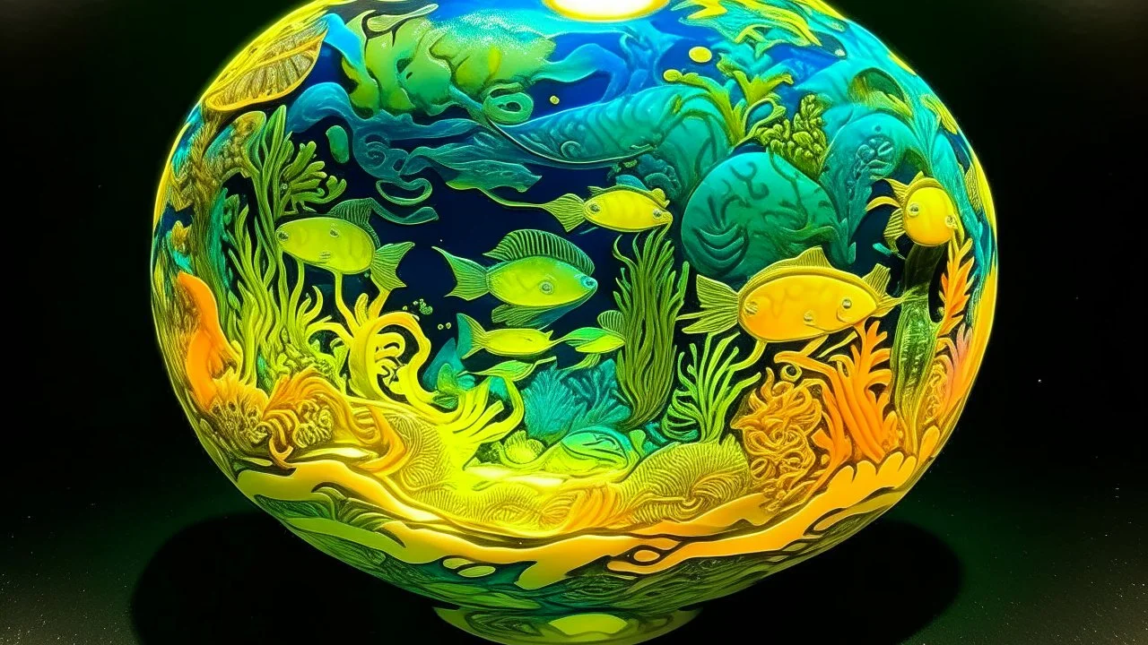 A pale yellow abyss with neon glowing marine life designed in African pottery painted by Vincent van Gogh