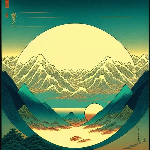 Ukiyo-e styled art, yin and yang sign, mountains and sun