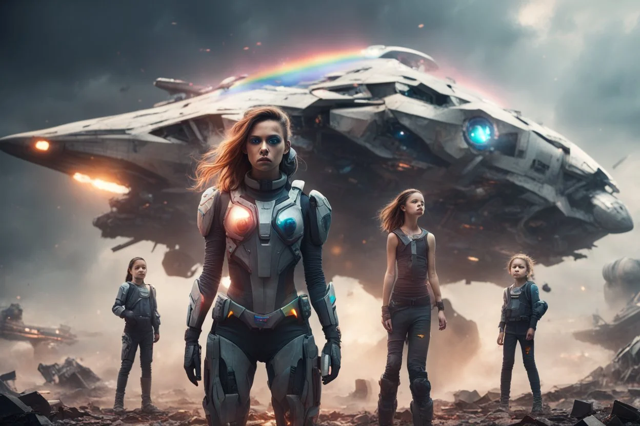 Beautiful girl with rainbow eyes, warrior, strong, sad, resilient, defiant, full body, with family of 5 beside her, defending, Masterpiece, best quality, cinematic lighting, futuristic, standing in front of crashed spaceship, tough stance.