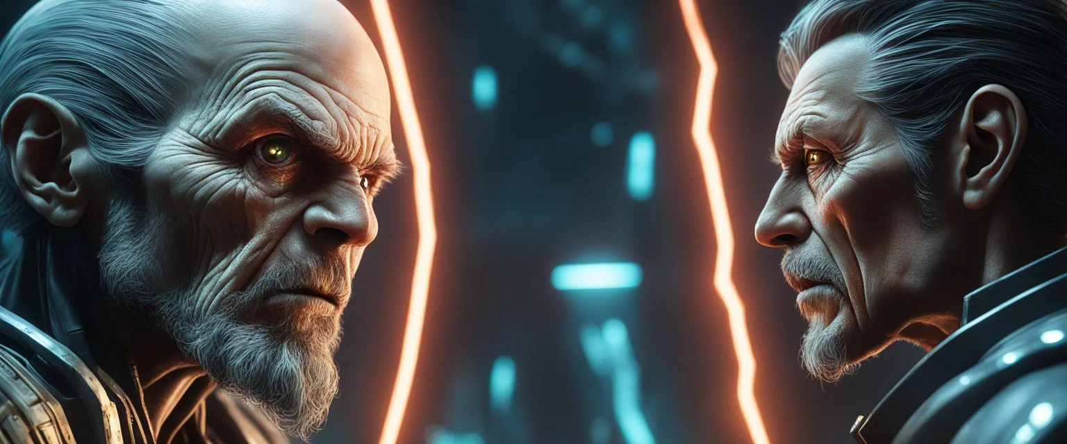 Close-up confrontation between an ancient alien outcast leader synth and a space broker, standing only a meter apart, intense eye contact, glowing crystalline rod between them, anger mixed with sadness, dramatic facial expressions, shallow depth of field, cinematic lighting, stylized 3D anime, airbrush painting, crisp outlines, escher , rembrandt and titian, fallout 4