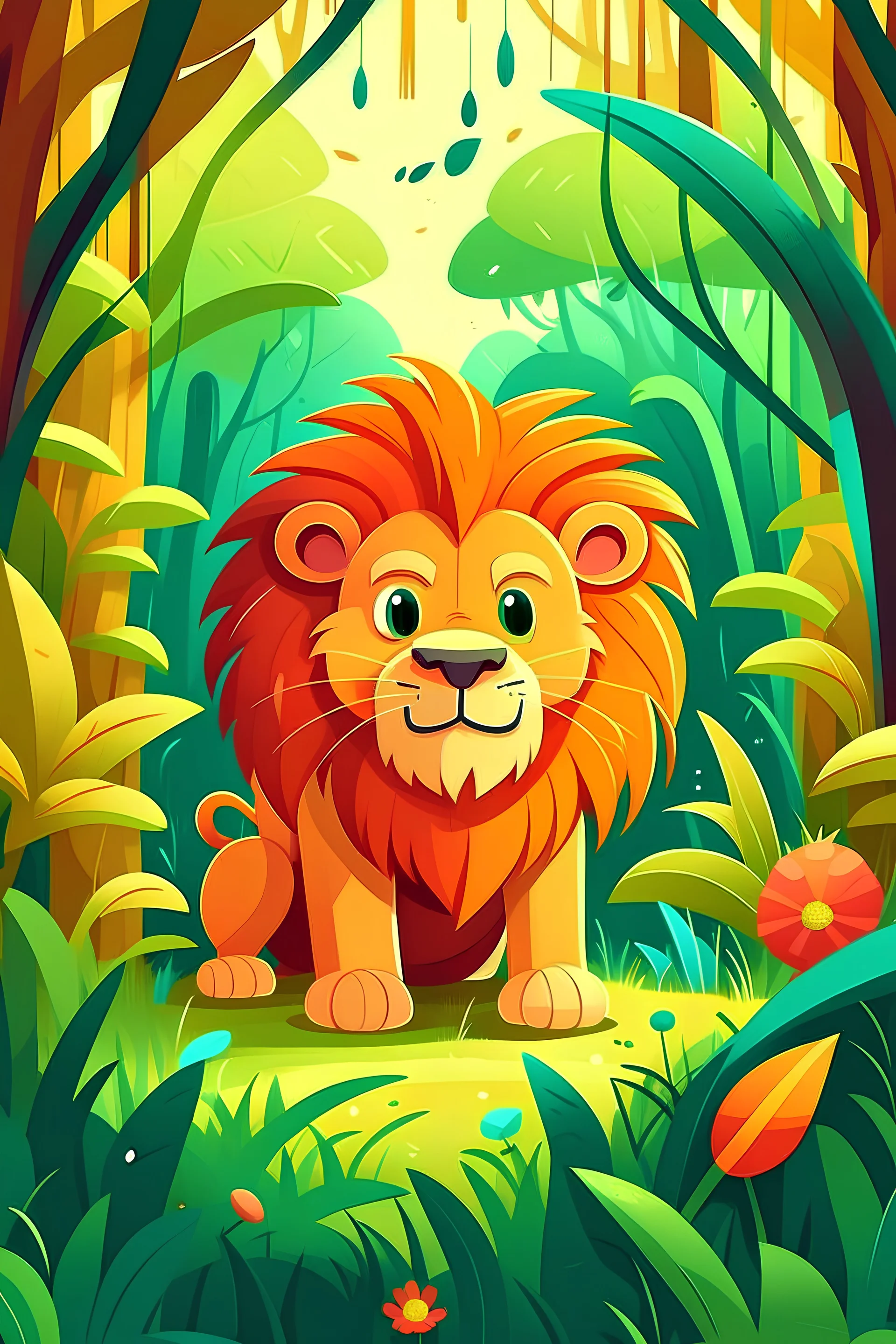 /image prompt kids illustration, lion in a jungle, cartoon style, thick lines, low detail, and vivid color --ar 9:11