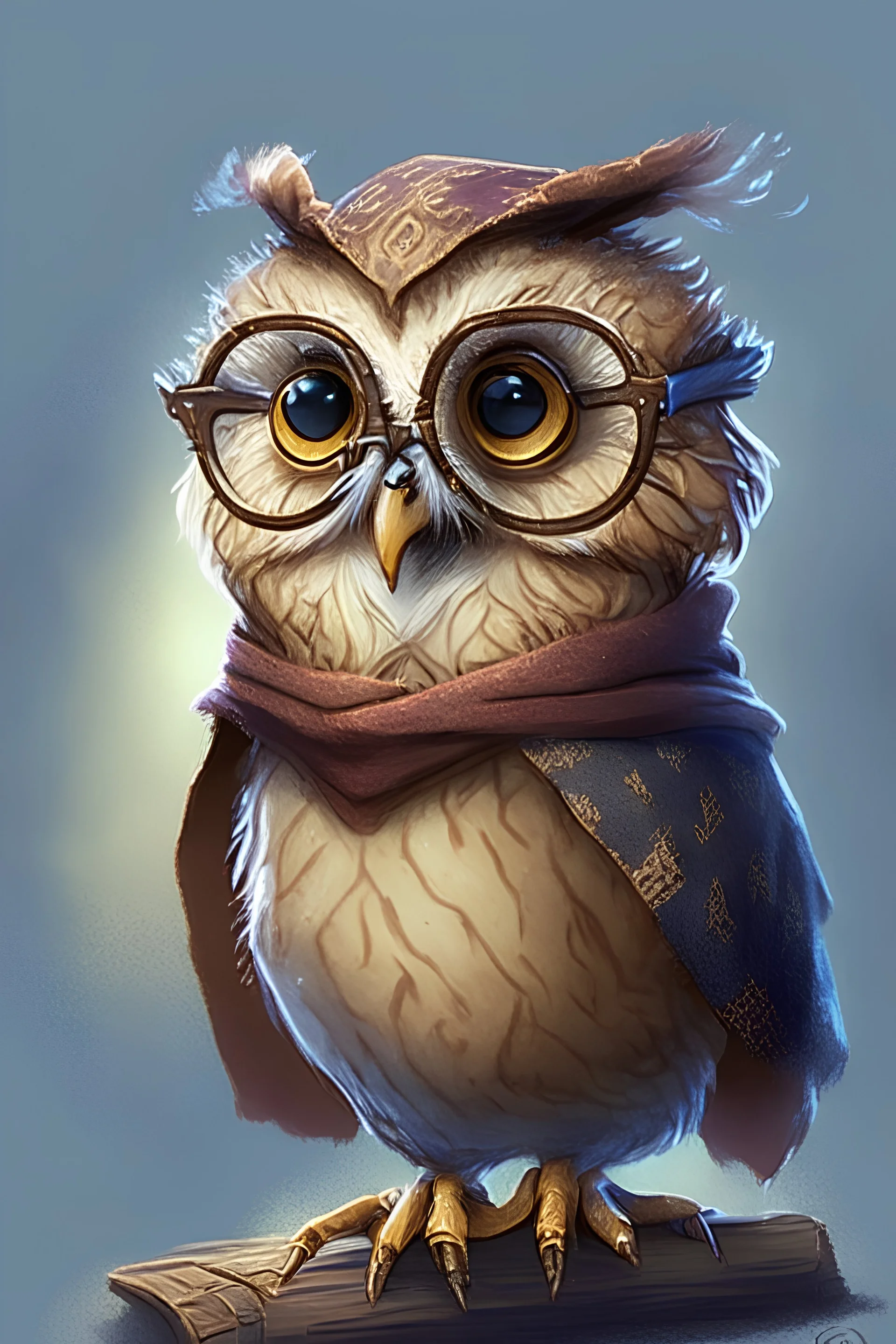 Northern Saw-whet Owlin Wizard from Dungeons and Dragons who is young and shy. Wearing glasses, cute