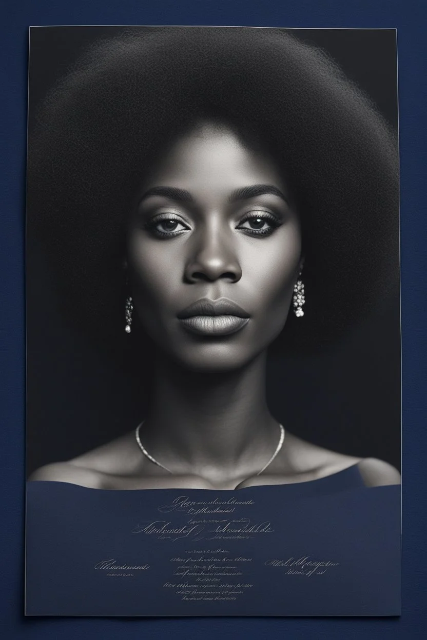 An extremely formal, funeral program written in French for a black woman (include a front photograph of a beautiful lightly tanned biracial black woman) on darkest blue deeply pigmented velvet paper with brilliant, brightest heavy bright shining platinum calligraphy fonts, simple, minimalistic, less element, very dramatic lighting, brilliant colors,