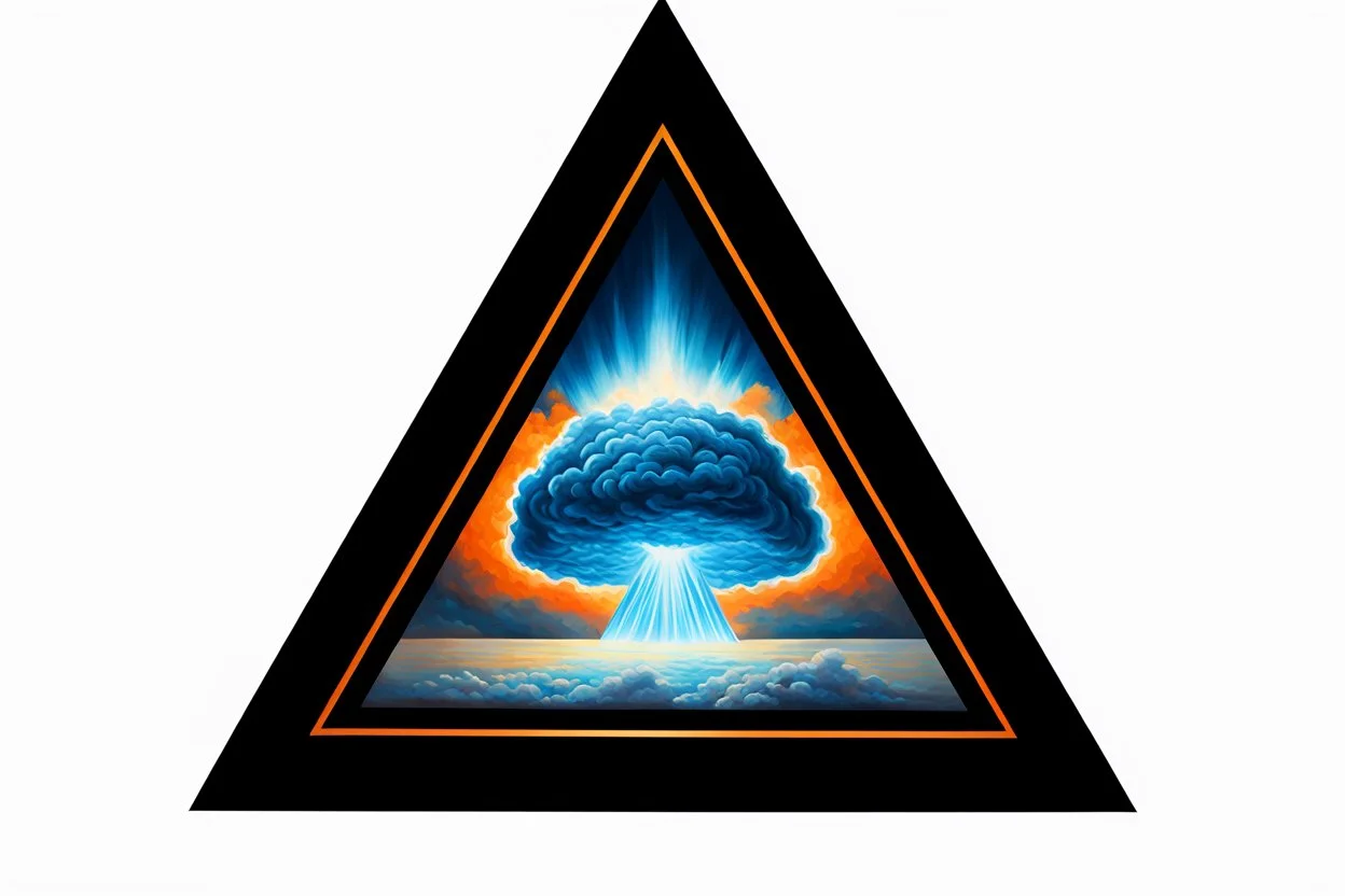 a nuclear explosion cloud, behind an orange glowing omega like shape, all inside an equilateral triangle, radiant lines, oil painting