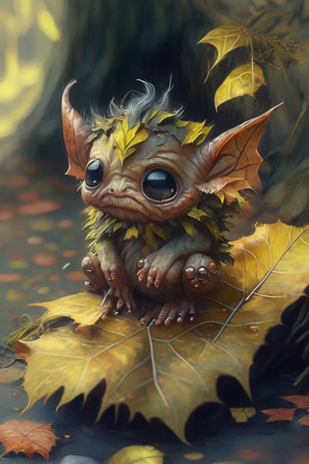 cute tiny forest demon sitting on a fallen leaf, intricately detailed, photorealistic, oil on canvas, trending on art station, high definition, hdr, cute, beautiful in sunshine