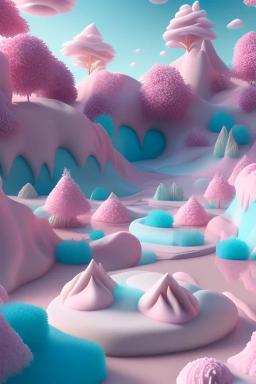 detailed peaceful landscape made of cake frosting, cotton candy, ice cream, strong texture, extreme detail, octane render