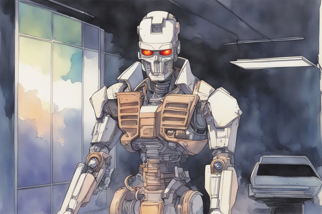 retro anime style, full color, dark serious 1980s anime terminator like robot, moebius artist, magic, watercolor,