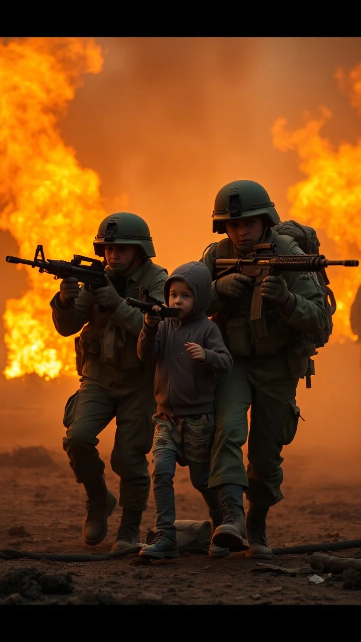 Army solders attacking young children in a smoke and fires war environment