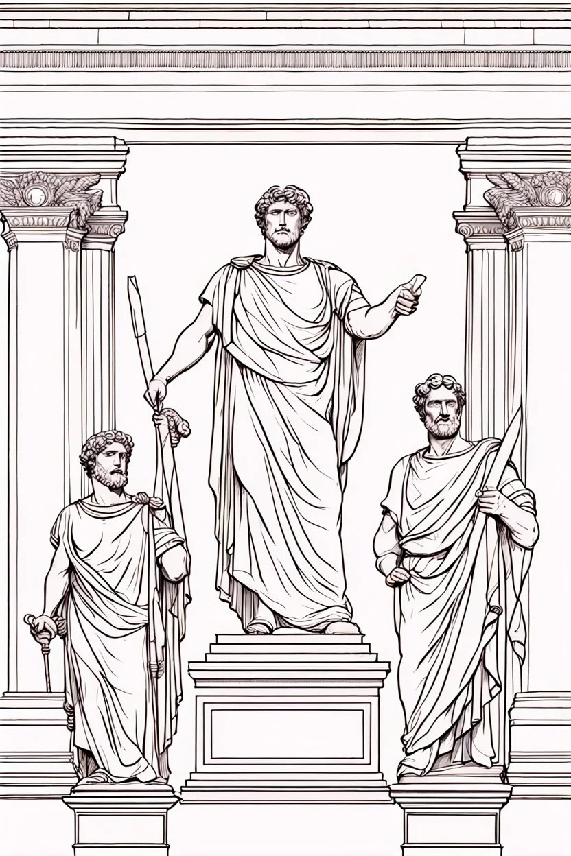 Architecture of ancient Rome of the II century AD Statues of ancient Roman gods contour reconstruction. The drawing is linear, in the style of vector graphics, black and white. High image quality in 8K