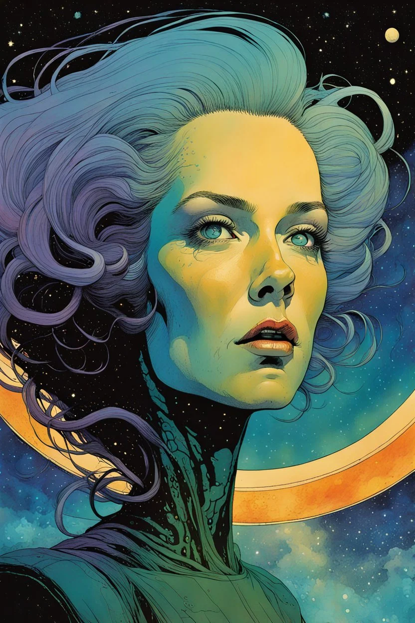 create an imaginative amorphous female extraterrestrial time traveler with finely detailed facial features, sinuous tentacle hair, aboard a stellar observatory, in the comic book art style of Bill Sienkiewicz, Mike Mignola, and Jean Giraud Moebius, finely textured, drawn, colored, and inked