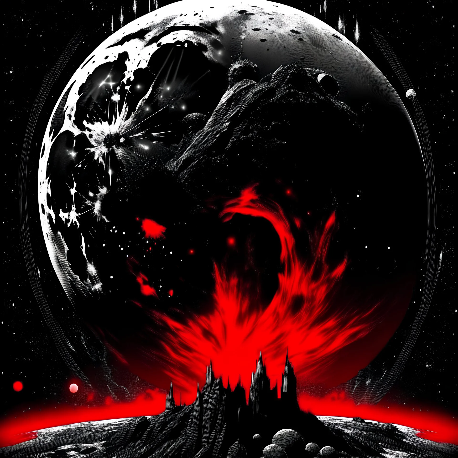 "The moon's so full it's spilling over, There ain't no hope in Hell || heavy metal Album cover aesthetic, red and black and white color scheme,; by Derek Riggs and Gerald Scarfe, surreal, sinister, profound, dramatic, horror, dark shine burn, atmosphere guided by N(t)=N0​⋅e−kt