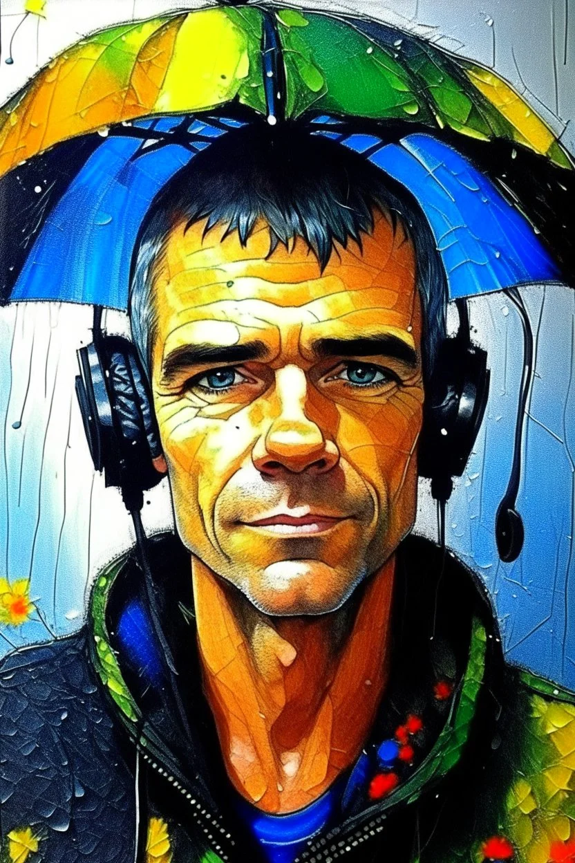 acrylic portrait of a man, emotions, rain, flowers, umbrella, autumn, paint blots, splashes, tears, plants, yellow, blue, green, orange colors