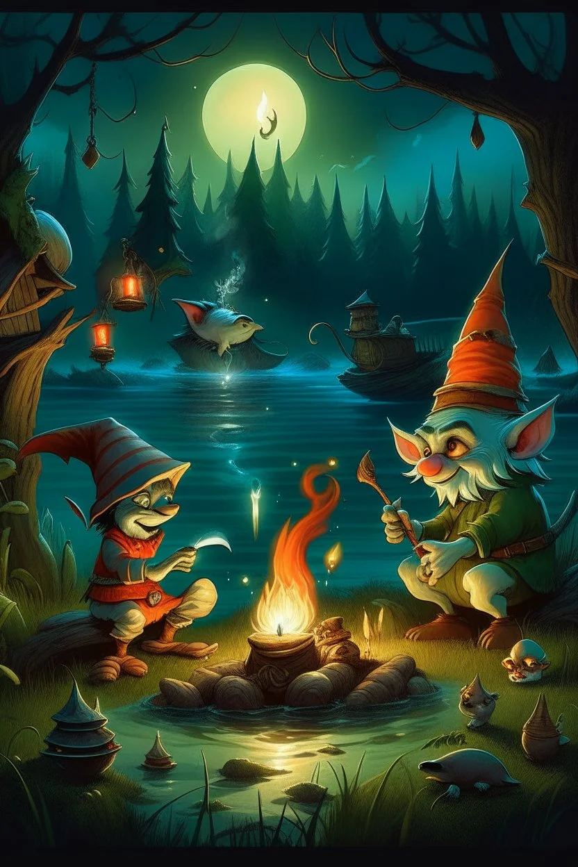 a gnome and a goblin eating in front of a fish fire with figure with fox mask behind, riverbank, night, moonlight,