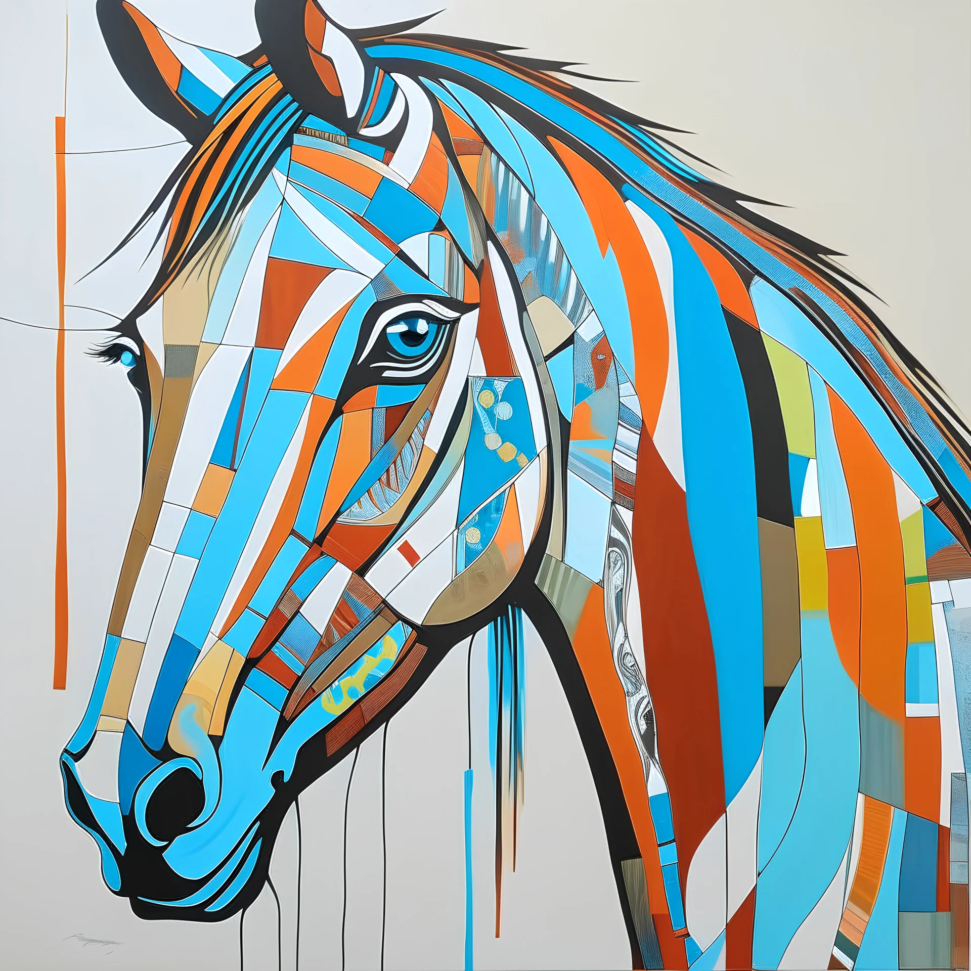 A colorful, abstract painting of a horse with exaggerated features. The horse has large eyes, a patchwork of blue, orange and tan fur, with black outline details giving a scribbled effect. the image is in the middle of a white canvas. The background should be clean and mostly white, with subtle geometric shapes and thin, straight lines that intersect with dotted nodes. The style is expressive and textured, reminiscent of outsider art.