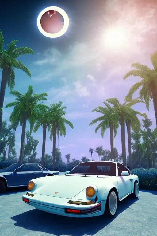 1980's aesthetic vaporwave palm trees with solar eclipse with lighting with shiny chrome porsche in the winter snkw