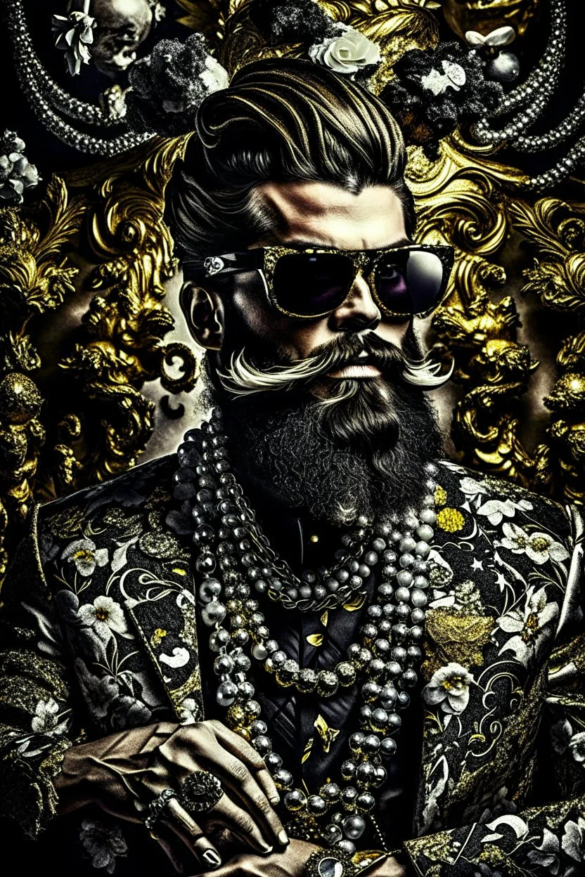 Artistic photo in the audacius style of Jill Greenberg, of man with a luxurious and striking style, abundance of jewelry, oversized sunglasses, neat black beard, feminine manirism, prints, desafiant, extravagant, barroque escene , impasto style with thick texture