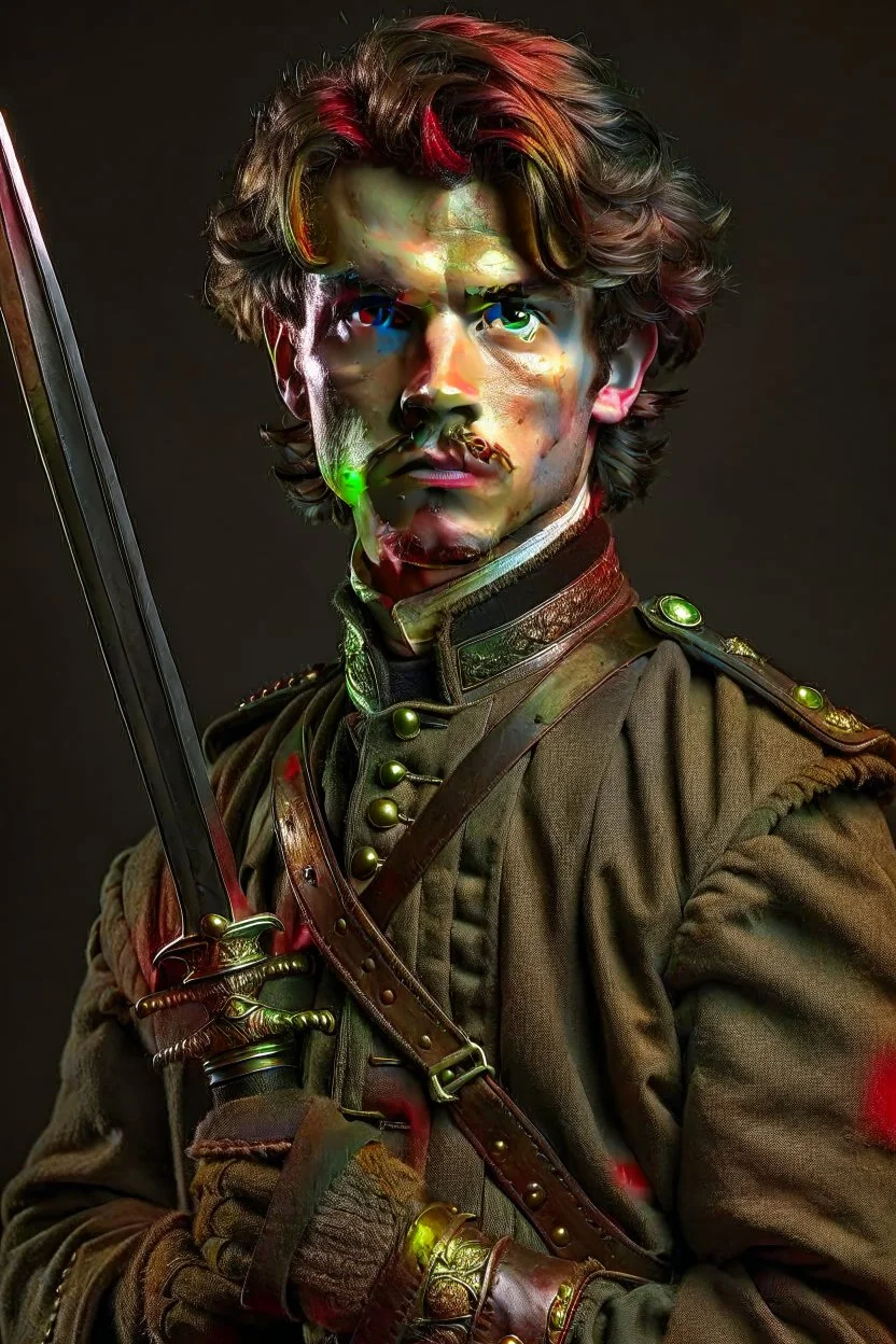 european brown hair young adult royal guard swordsman with rapier dieselpunk