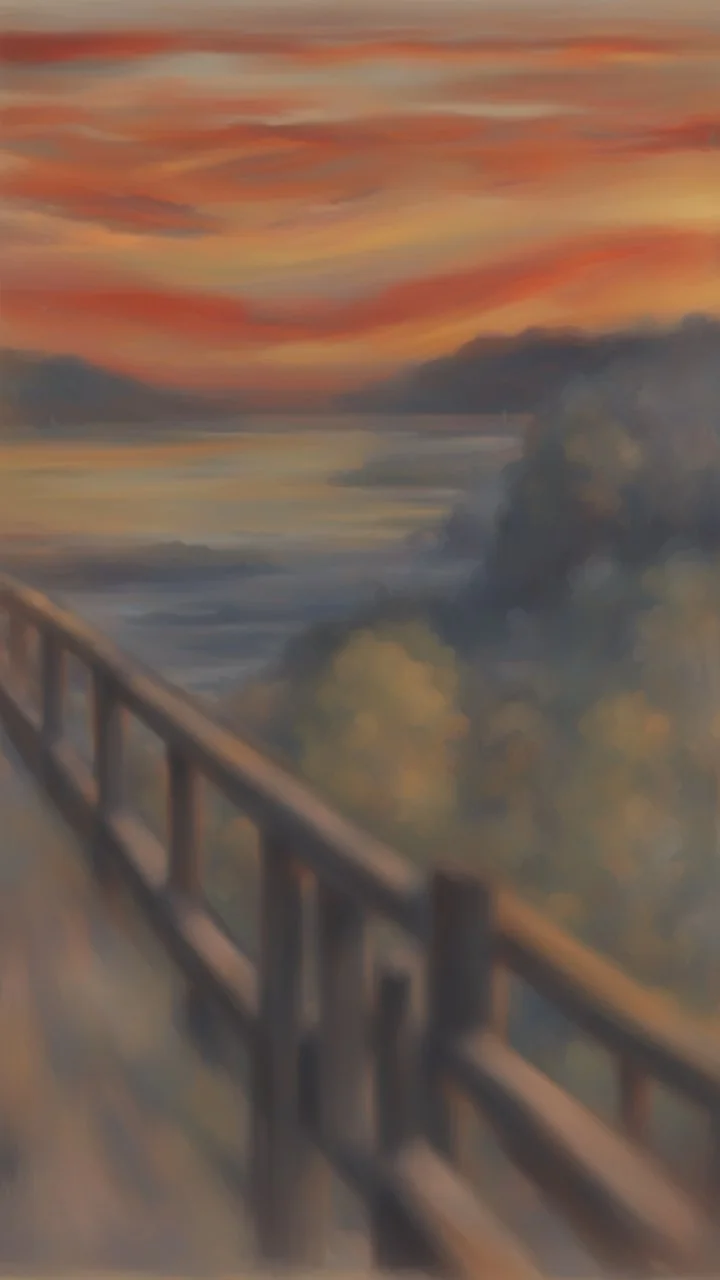 portrait on a bridge at sunset, a more intense "scream" that looks like the original painting by Edvard Munch, bokeh like, down-light, unreal engine, prize winning