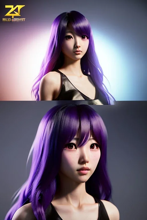 Young asian woman, anime character, purple hair, golden eyes, long hair, leather, vibrant color, highly detailed, art stations, concept art, smooth, unreal engine 5, god rays, ray tracing, RTX, lumen lighting, ultra detail, volumetric lighting, 3d, finely drawn, high definition, high resolution.